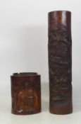 Two Chinese Carved Bamboo Pots including larger example with boating village scene together with