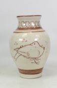 Isabella Pope, Studio Pottery Baluster Vase handpainted with birds in Iron Red.. Pope was a Master