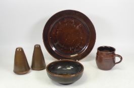 Isabella Pope, Five Studio Pottery Useful Ware Items including Plate, Bowl, Salt and Pepper Pots and