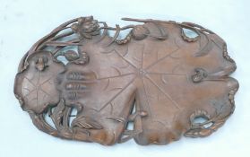 20th Century Carved Tray with Pondlife Flora and Fauna. Some losses to carving. Length: 67cm