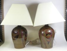Rookes Pottery Of Ipstones, Pair of Studio Pottery lamps with stylised designs. Height incl.