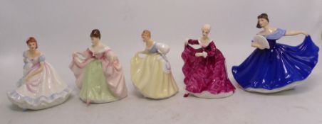 Five Royal Doulton lady figurines to include Sara HN3219, Elaine HN3214, Ninette HN3215, Kirsty