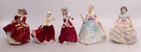 Five Royal Doulton lady figurines to include Christmas Morn HN3212, Gail HN3321, Top O'The Hill