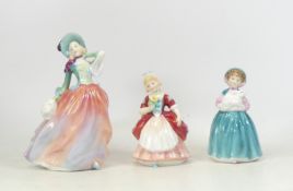 Royal Doulton, Three Lady Figures Top O The Hill HN1911 in alternate colourway, Valerie HN2817 and