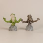 Royal Copenhagen porcelain models of frogs leapfrogging, in green/blue colourway and similar model