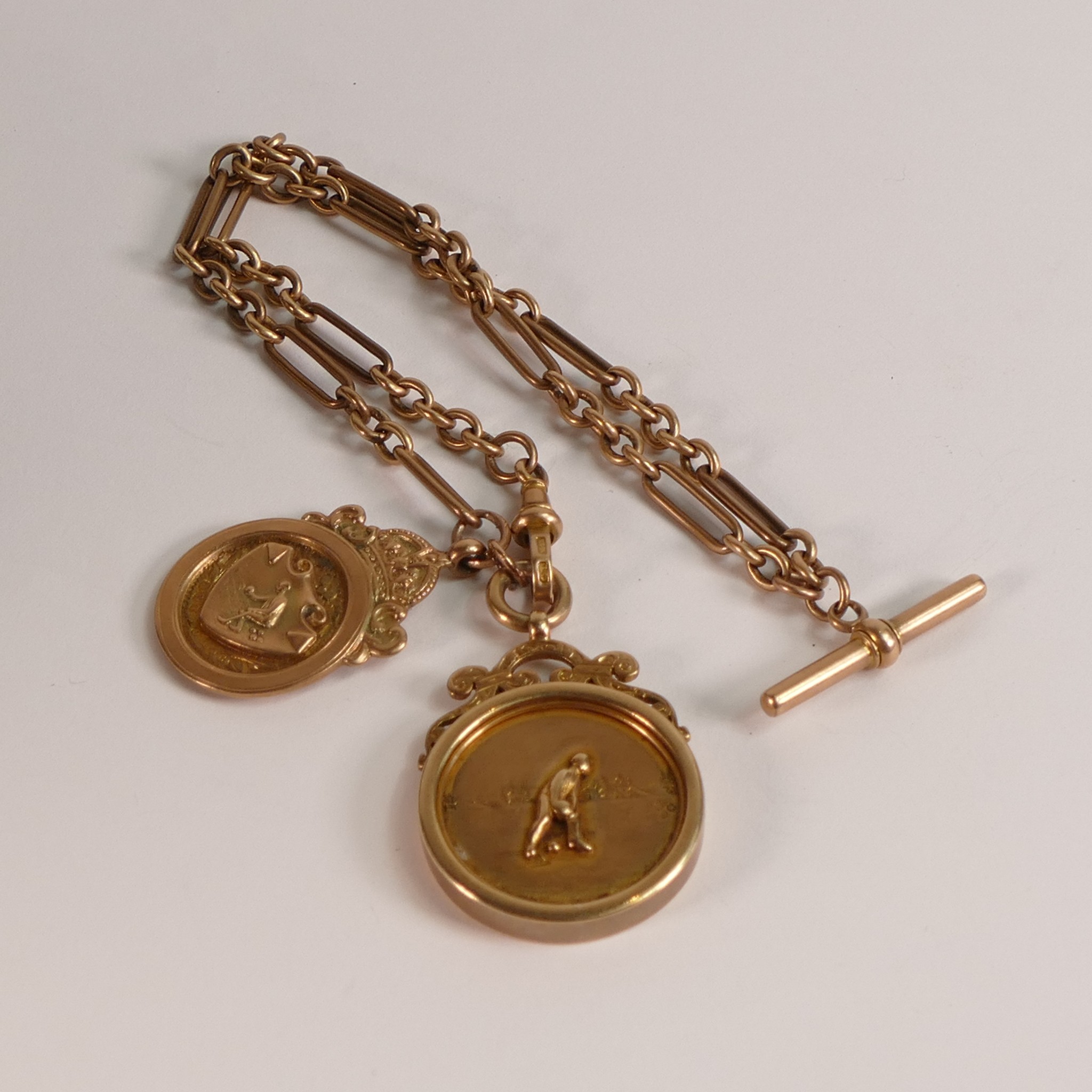 9ct Gold watch chain & 2 x hallmarked gold fobs. Chain tested as 9ct, and dog clip marked 10c.