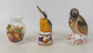 Royal Crown Derby paperweight Kingfisher gold stopper, Kingfisher candle snuffer also Aynsley