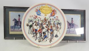 Wedgwood wall plate depicting British Troops At Waterloo 1815 25cm together with two framed pictures