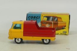A boxed Corgi Toys No.465 Commer Pick-up Truck with yellow cab and red back. Box is creased and