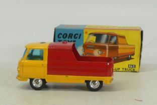 A boxed Corgi Toys No.465 Commer Pick-up Truck with yellow cab and red back. Box is creased and