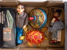 A collection of vintage toys to include A Pelham Puppet, metal Muffin the Mule, Mickey Mouse