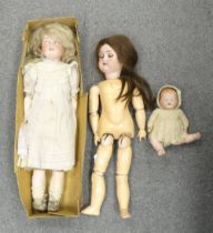 Three dolls to include unstamped small bisque head baby doll working sleeping eyes and jointed