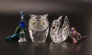 Swarovski Crystal figures to include a Parakeet Jungle Bird, Swan, Peacock & Owl (4)