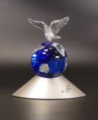 Swarovski Blue Crystal Planet Millennium Edition with rotating Clear Dove, 13cm tall boxed