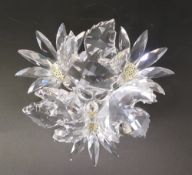 Swarovski Crystal trio of daisies with cream centre's displayed on leaf stand, 16cm wide, boxed