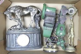 Mixed metalware to include a brass figural clock, overpainted figure of Indian God Ganesh, modern