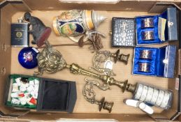 A mixed collection of items to include brass candle stick holder, Ashley Enamels boxed decorative