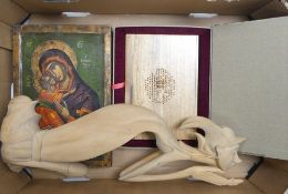 Reproduction wooden religious icon together with a Chinese carved book in original box and a large