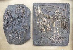 Two wooden printing blocks, size of largest 28cm x 24cm (2).