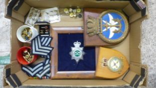 Mixed collection of items to include an RAF wooden shield, framed Staffordshire police badge,