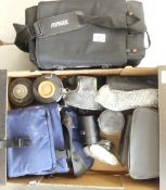 A collection of camera equipment to include Minolta XD7 35mm film SLR camera, Minolta 75mm-200mm 1: