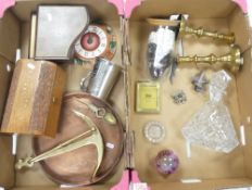 Mixed metal ware items to include a copper tray, brass anchor and candlestick holders together