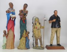 A collection of resin figurines to include Two African Women with Children, Tony Soprano, Indian