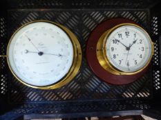 Kelvin Hughes brass quartz wall clock on wooden mount together with a Cope of Nottingham aneroid