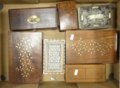 A collection of boxes and caskets including Indian brass inlaid examples (1 tray).