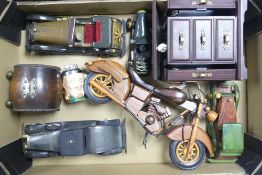 Mixed collection of wooden vehicles together with small jewellery chest etc (1 tray).