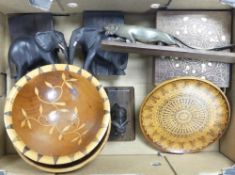 Mixed wooden items to include hardwood elephant theme bookends and paperweight, Indian box inlaid