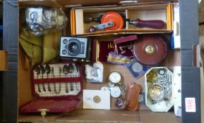 A mixed collection to include cufflinks, Six-20 Brownie E camera, compass, pocket watches, Stanley