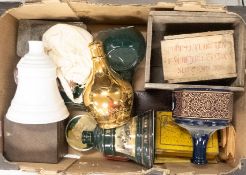 A collection of various items to include empty Glenfiddich and Bell's ceramic decanters, cigarette