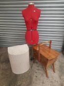 Dress makers manikin together with a vintage cantilever sewing box and a Lloyd Loom laundry