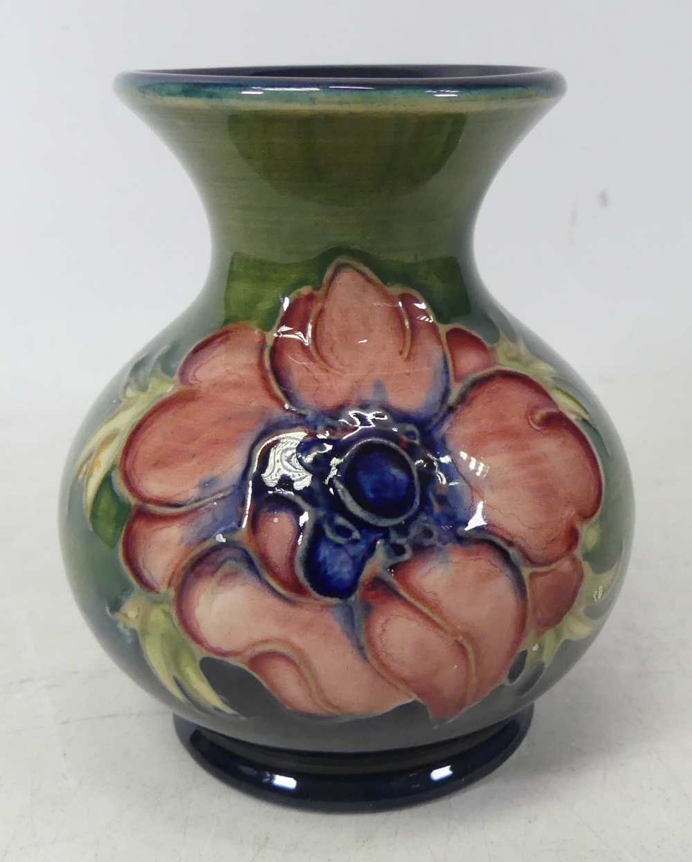 Moorcroft Vase anemone on green ground, height 10cm