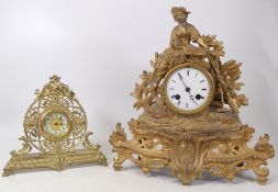French Style Ormulu Mantleclock, Roman numeral dial together with a polsuhed brass example with