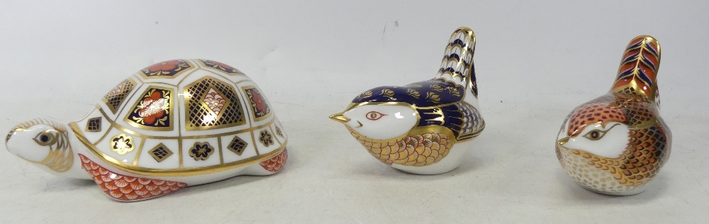 Royal Crown Derby Paperweights to include Tortoise, Wren, Robin all silver stoppers (3)
