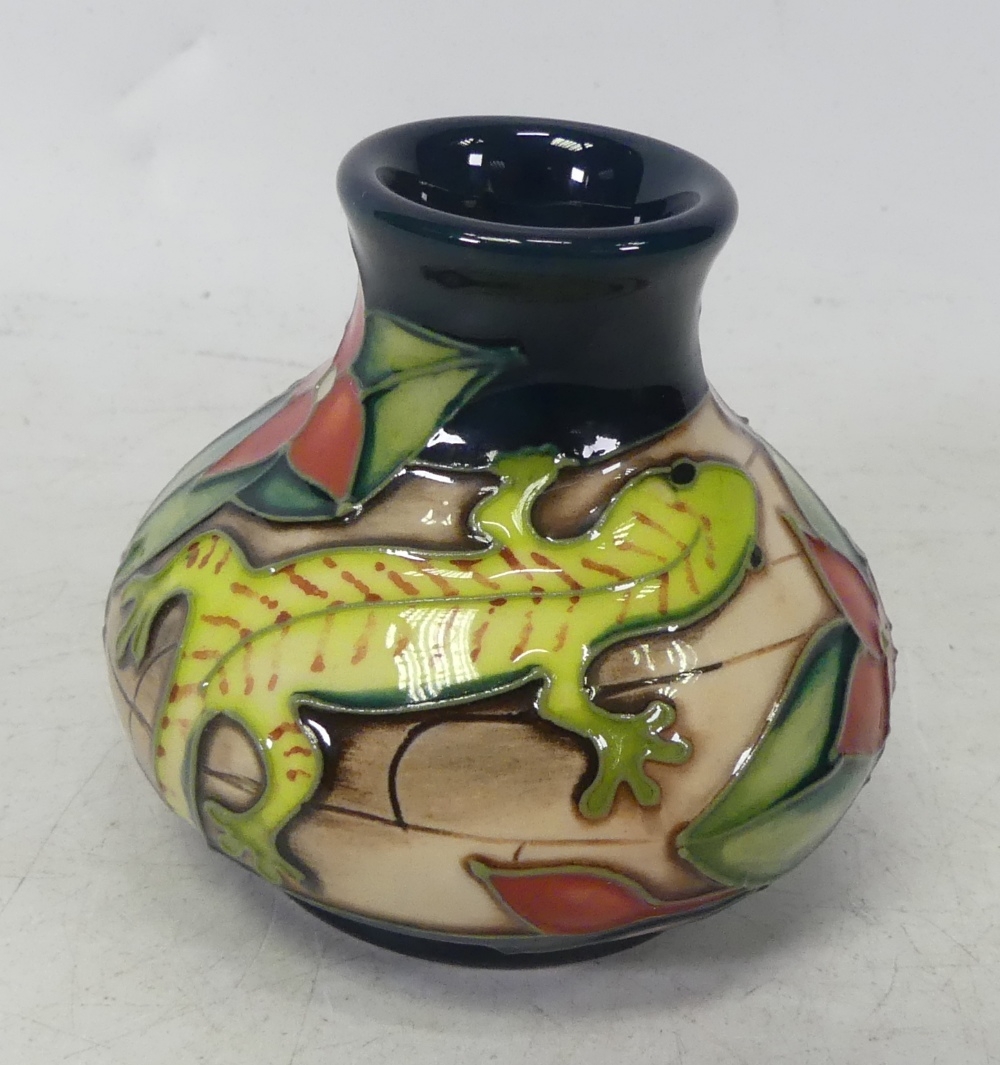 Moorcroft miniature designer trial vase 06.12.05 lizards and flowers on beige/ dark turquoise - Image 3 of 3