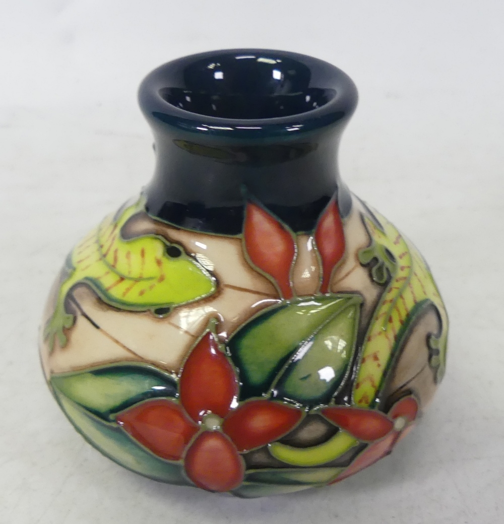 Moorcroft miniature designer trial vase 06.12.05 lizards and flowers on beige/ dark turquoise