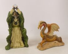 Enchantica, Resin model of a green wizard and a dragon. Both boxed. (2)