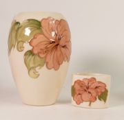 Moorcroft Pottery, Two Hibiscus on cream ground vases. Height of tallest: 18cm (2)