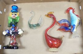 Collection of art glass to include Cockeral, Duck, Swan and Clown. (H: 30cm) (4)