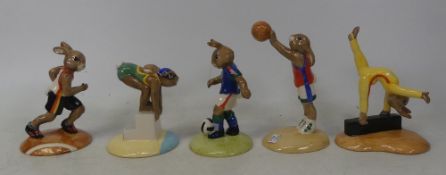 Royal Doulton Bunnykin games with plinth to include Gymnast DB207, Basketball DB208, Swimmer