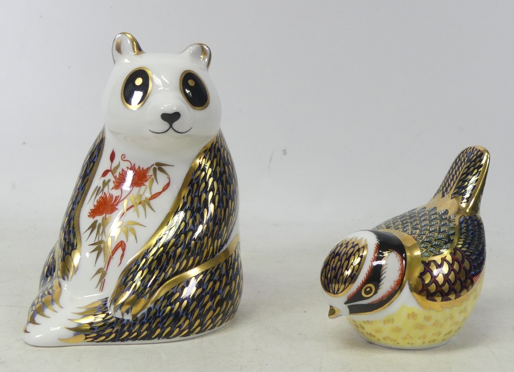 Royal Crown Derby Paperweights to include Blue Tit and Panda Both with gold stoppers (2)