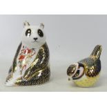 Royal Crown Derby Paperweights to include Blue Tit and Panda Both with gold stoppers (2)