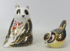 Royal Crown Derby Paperweights to include Blue Tit and Panda Both with gold stoppers (2)