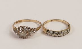 Two 9ct gold cz cluster rings, both have stones missing, sizes P & Q,4g. (2)