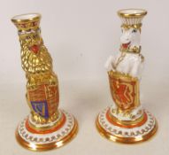 Minton, Pair of heraldic beast candlesticks in the form of a lion and unicorn. Limited edition 23 of
