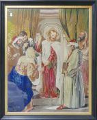 Machine Woven Religious Tapestry. Framed behind glass. Size incl. frame, Height: 95cm Width: 78cm