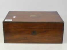 Victorian brass inlaid writing slope. Brass cartouche to top reads Presented to Mary H Pares by